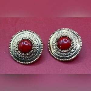 Women’s Earrings Round Gold Tone Orange Stones 1” Pierced Stud MCM